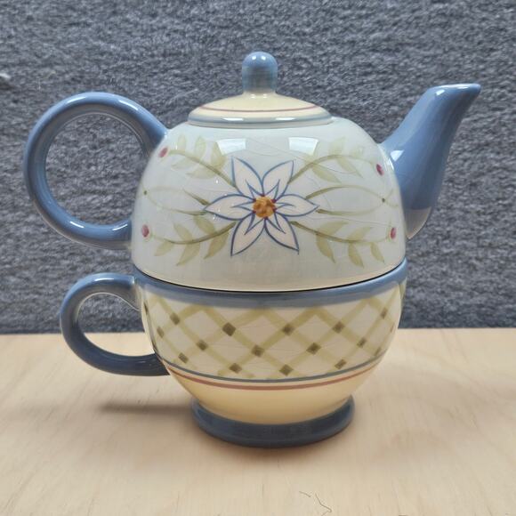 Tea for One Teapot and Cup Cottage Core Tea Pot Small Blue Teapot Gift Tea Party - Picture 1 of 11